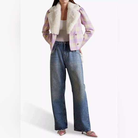 LoveShackFancy Dumont Jacket S Lavender Check Tweed Faux Fur Collar Coat $695 - Picture 3 of 10